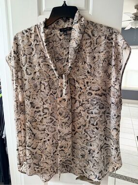 The Limited Beige and Black Snake-Print Tie-Neck Blouse